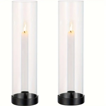 Set of 4 - Hurricane with Black Base Dinner/Taper Candle Holder Set 