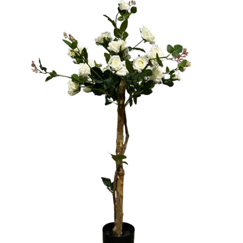 120cm White Artificial Rose Topiary Bush - Potted  