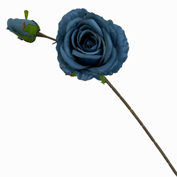 66cm Dusty Blue Artificial Rose Stem with Large Bloom and Bud