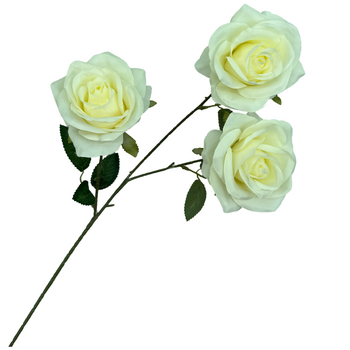 65cm - 3 Head Open Rose Flower Stem - White/Cream 