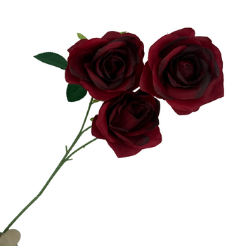 65cm - 3 Head Open Rose Flower Stem - Burgundy