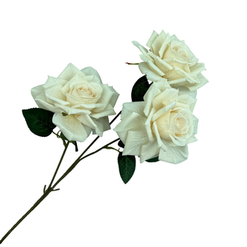 65cm - 3 Head Open Rose Flower Stem - Ivory/White