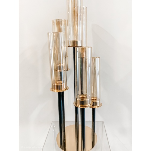 Large View Black and Gold Glass Wind light Candelabra Centerpiece - 6 Risers