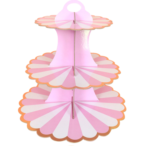 Large View 3 Tier Pink Striped Cup Cake Stand