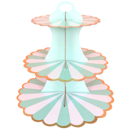 Large View 3 Tier Green Striped Cup Cake Stand