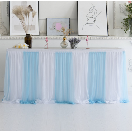 Large View 9ft (2.7m) White/Blue Chiffon Table Skirting with splits