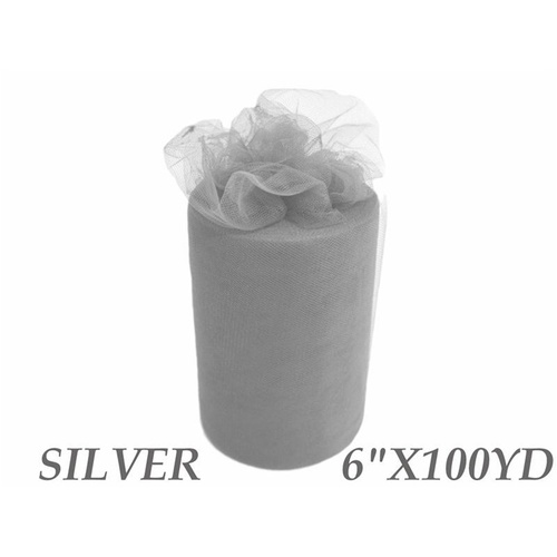 Large View 6inch x 100yd Quality Tulle Roll - Silver