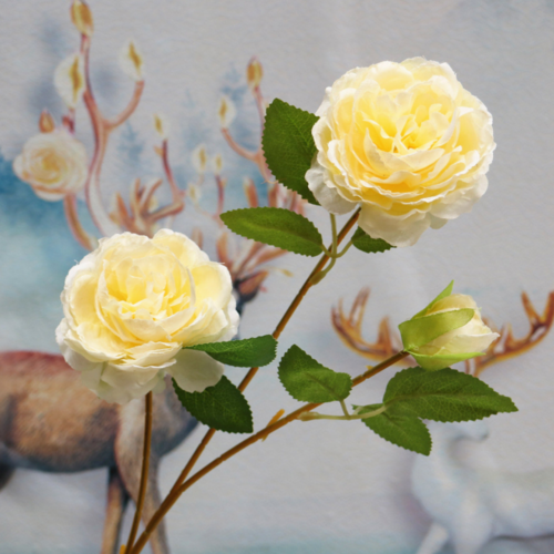 Large View 60cm- 3 Head Rose Flower Stem - Yellow
