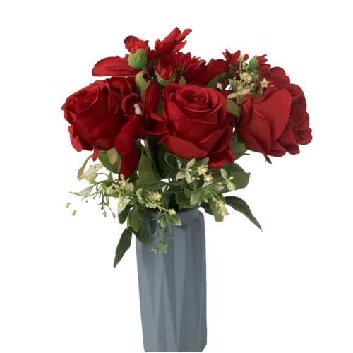 Large View 56cm - 12 Head Rose, Orchid & Daisy Flower Bush - Red