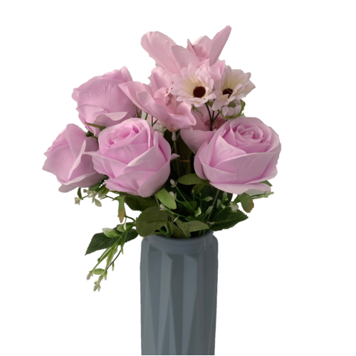 Large View 56cm - 12 Head Rose, Orchid & Daisy Flower Bush - lavender