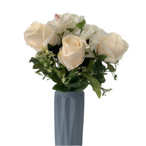 Large View 56cm - 12 Head Rose, Orchid & Daisy Flower Bush - Ivory