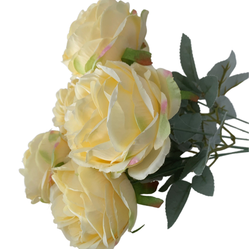 Large View 40cm - 7 Head Open Peony Rose Cream/Light Yellow