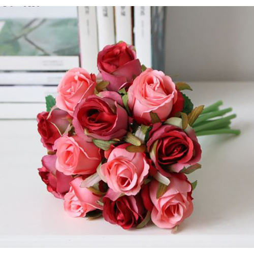 Large View Red/Pink Tones Green - 12 Head Silk Rose Bouquet