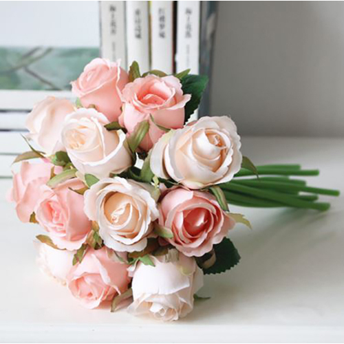 Large View Pink/Champagne Tones - 12 Head Silk Rose Bouquet