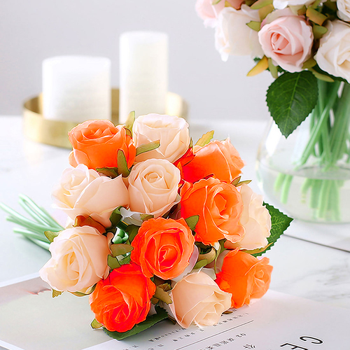 Large View Orange/Cream Tones - 12 Head Silk Rose Bouquet