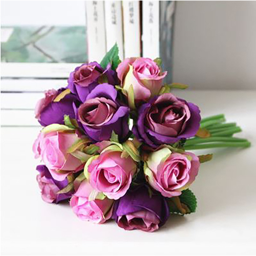 Large View Purple Tones - 12 Head Silk Rose Bouquet 