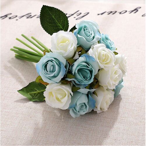 Large View Blue/Ivory - 12 Head Silk Rose Bouquet