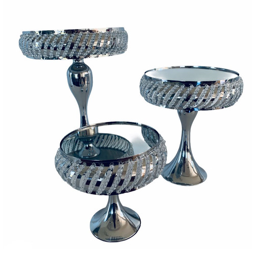 Large View 3pc Set Large Silver Mirror Top Cake Stands