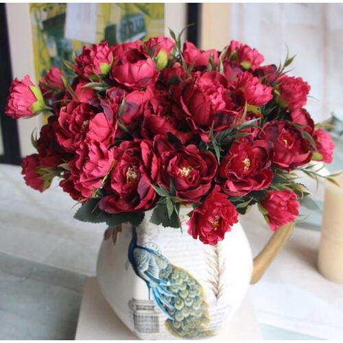 Large View 8 Head Small Deep Red Peony Filler Flower Bunch