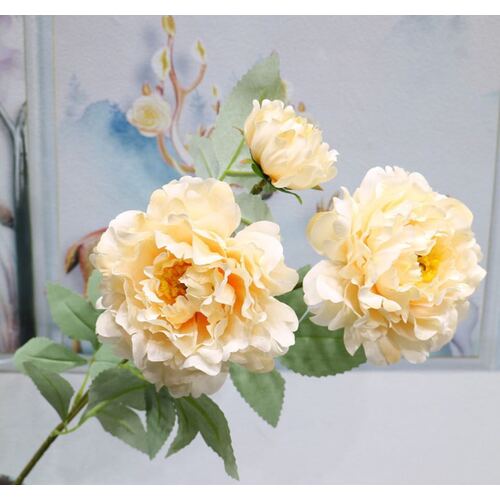 Large View 65cm Peony 3 Head Flower Stem - Soft Peach