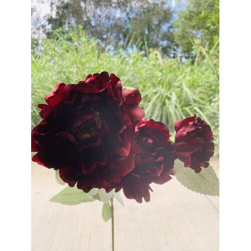 Large View 65cm Peony 3 Head Flower Stem - Red