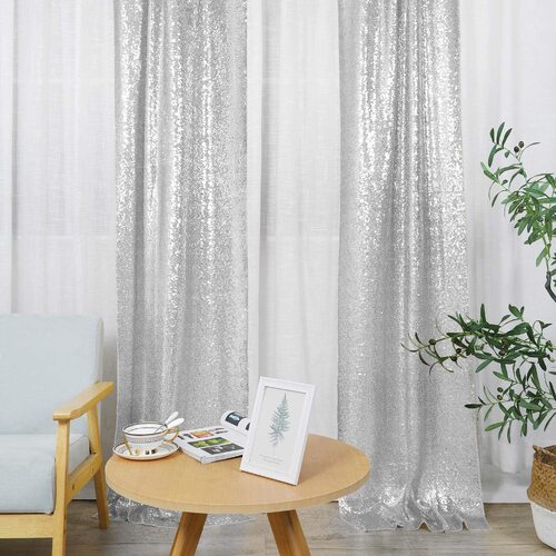 Large View 2pc Set Sequin Backdrop Curtains 60x245cm - Silver