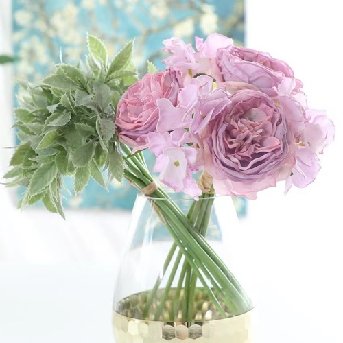 Large View Cottage Rose & Hydrangea Bouquet - Lavender - Real Touch