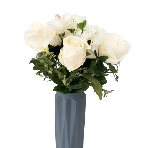 Large View 56cm - 12 Head Rose, Orchid & Daisy Flower Bush - White