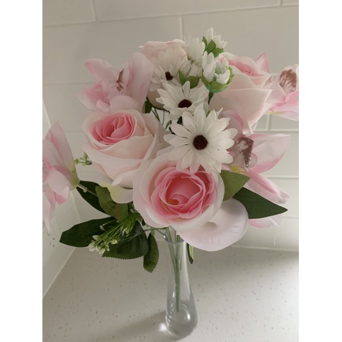 Large View 56cm - 12 Head Rose, Orchid & Daisy Flower Bush - PINK