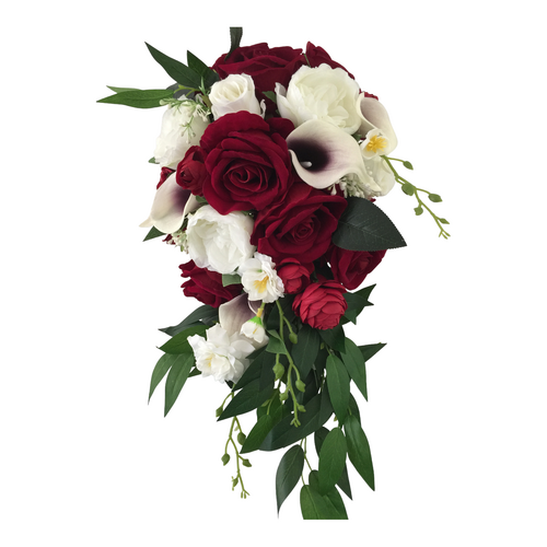 Large View Bridal Teardrop Bouquet - Deep Red/White