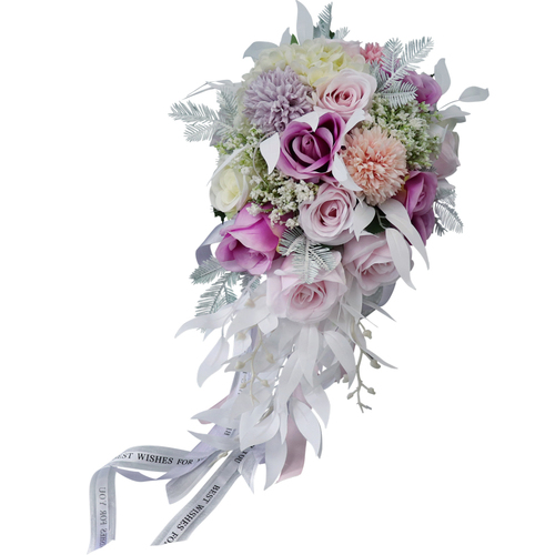 Large View Bridal Teardrop Bouquet - Pink/Purples/White