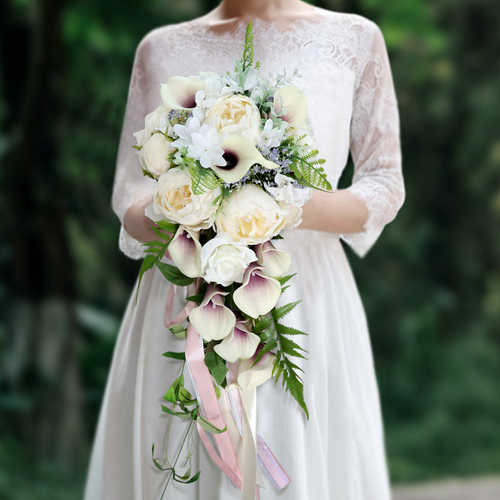 Large View Bridal Teardrop Bouquet - Peony White