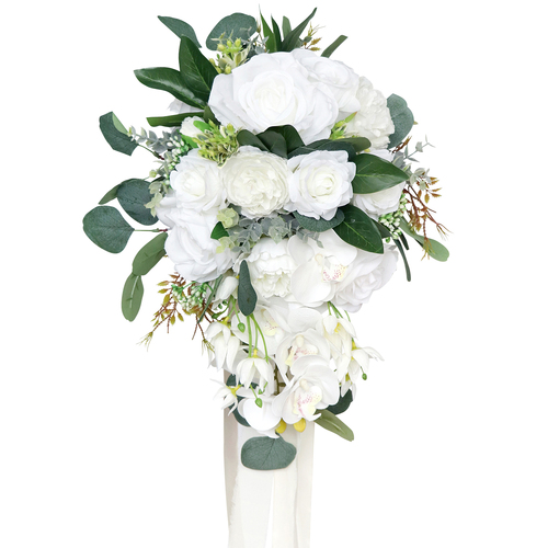 Large View Bridal Teardrop Bouquet - White Orchids