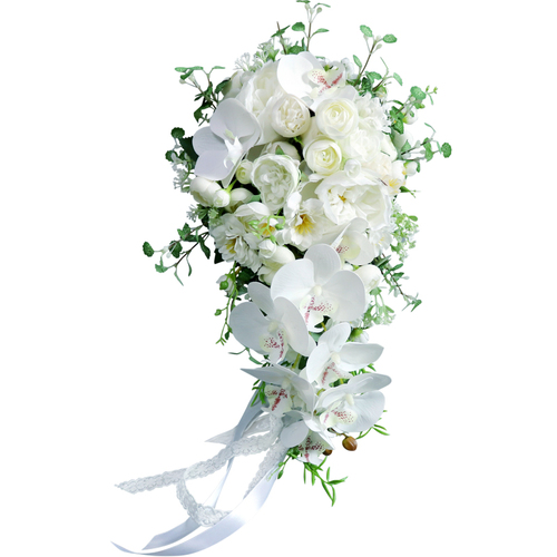 Large View Bridal Teardrop Bouquet - White Orchids