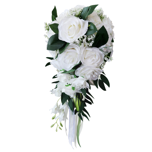 Large View Bridal Teardrop Bouquet - White Roses