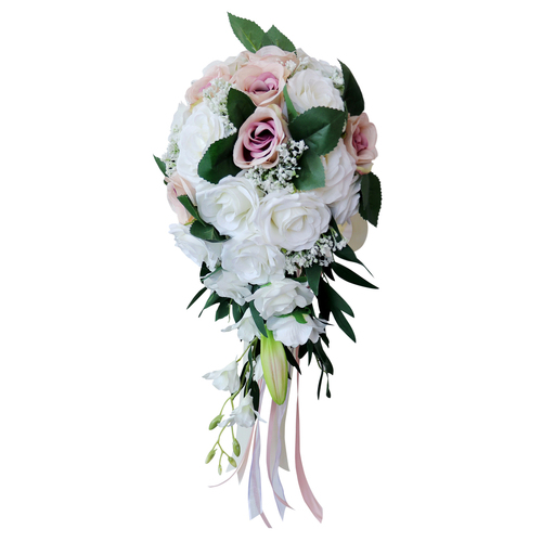 Large View Bridal Teardrop Bouquet - White Mauve Roses