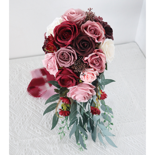 Large View Bridal Teardrop Bouquet - Burgundy, Mauve, Pink Roses