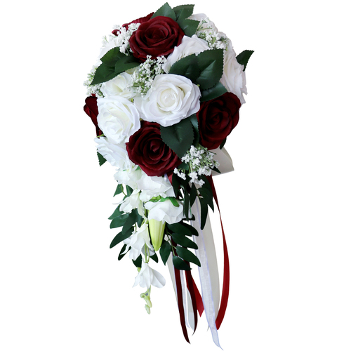 Large View Bridal Teardrop Bouquet - Burgundy, White Roses