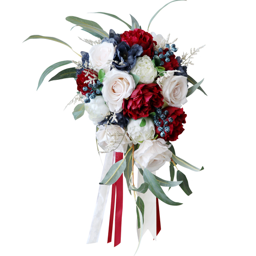 Large View Bridal Teardrop Bouquet - Red, Blue, Champagne roses