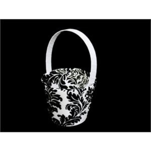 Large View Flower Girl Basket- Damask Black and White