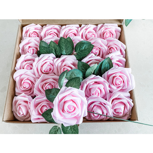 Large View 25pk - Pink Foam Roses - 7.6cm on stem/pick