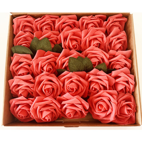 Large View 25pk - Coral Foam Roses - 7.6cm on pick