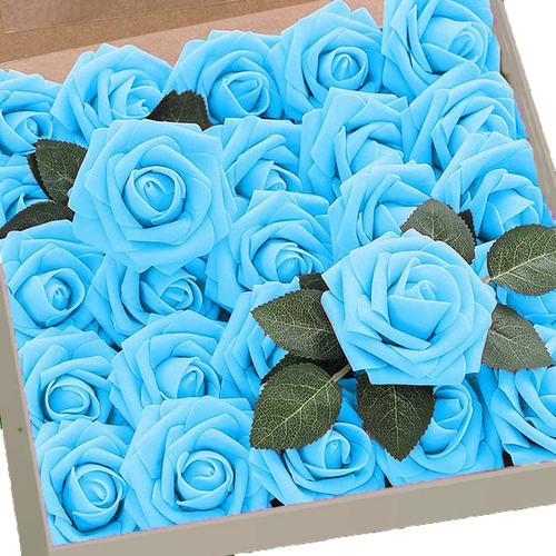 Large View 25pk - Bright Blue Foam Roses - 7.6cm on pick
