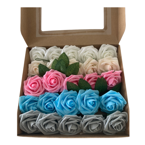 Large View 25pk - Mixed Foam Roses - 7.6cm on stem/pick - Blue/Pink/White/Silver/Ivory