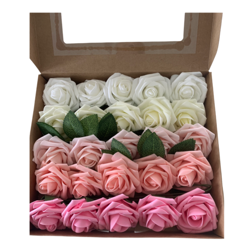 Large View 25pk - Mixed Foam Roses - 7.6cm on stem/pick - Pink/White