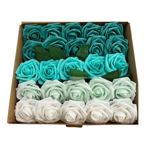 Large View 25pk - Mixed Foam Roses - 7.6cm on stem/pick - White to Turquoise