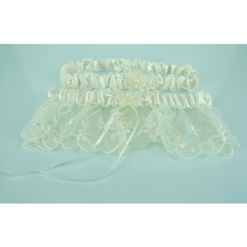 Large View SECONDS Garter Wedding - 2 Piece Set- Embroidered   - Ivory 