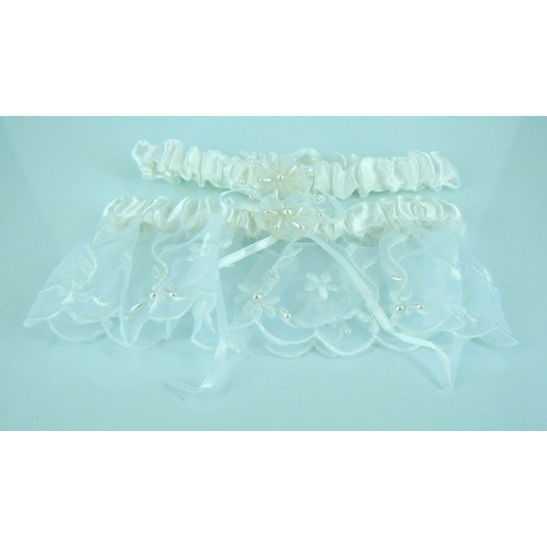 Large View SECONDS Garter Wedding -2 Piece Set- Embroidered  - White 