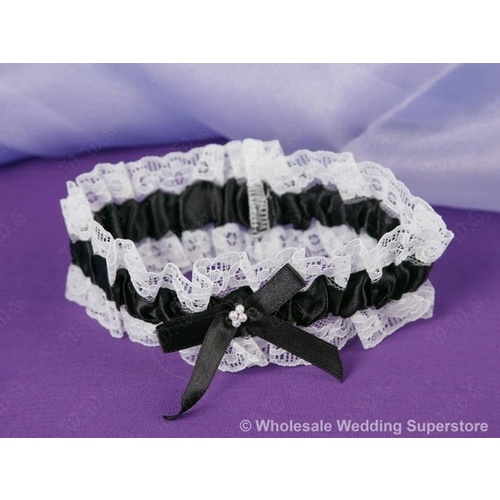 Large View Garter Wedding - Satin and Lace - Black CLEARANCE