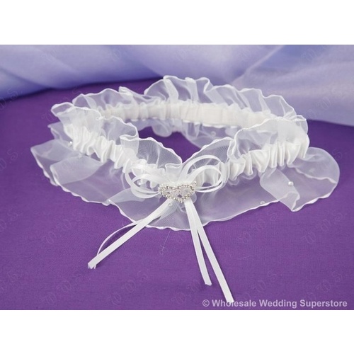 Large View Garter Wedding - Rhinestone & Heart - Ivory CLEARANCE